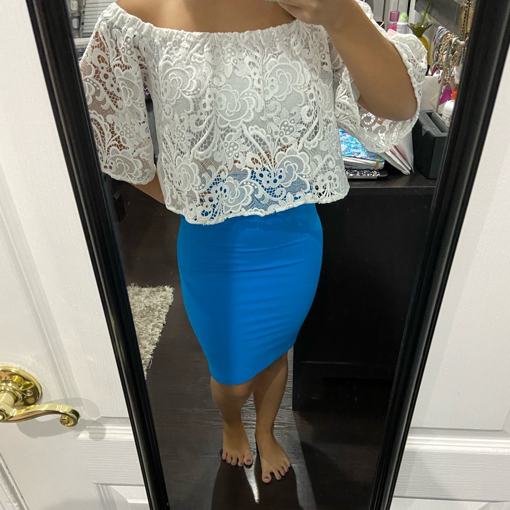 White Bebe off the shoulder lace crop top